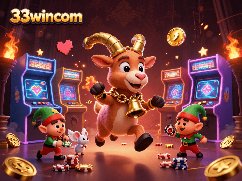 Engage in thrilling gaming at 33wincom with Krampus overseeing a vibrant casino scene filled with excitement.