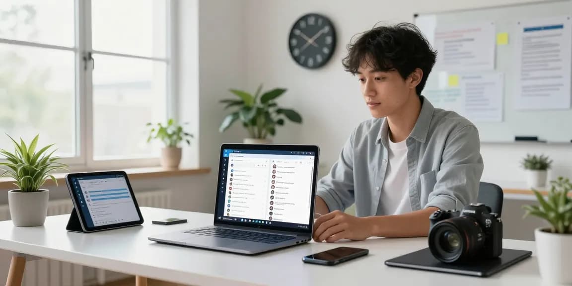 Using Telegram Web Version on a laptop in a bright office workspace, showcasing modern tech.
