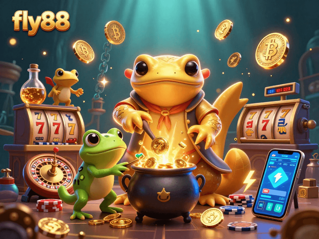 Experience gaming excitement with fly88 in this vibrant 3D casino scene featuring lucky symbols and gold.