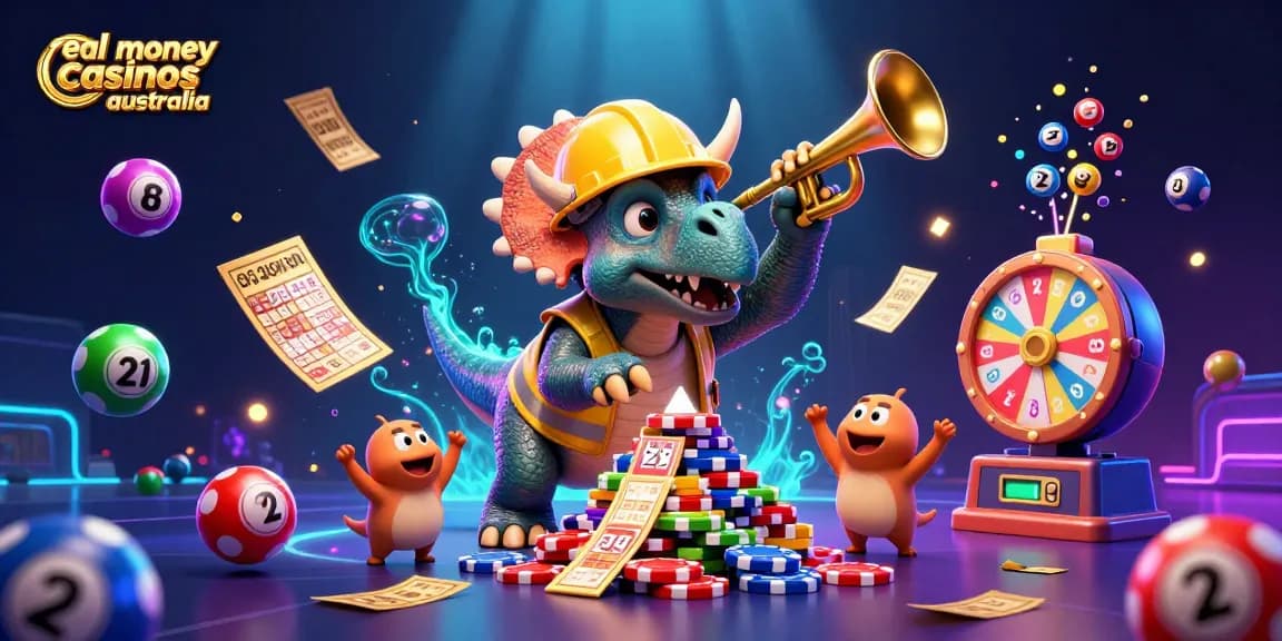 Explore real money casinos Australia through a vibrant 3D scene of animated casino creatures celebrating big wins.