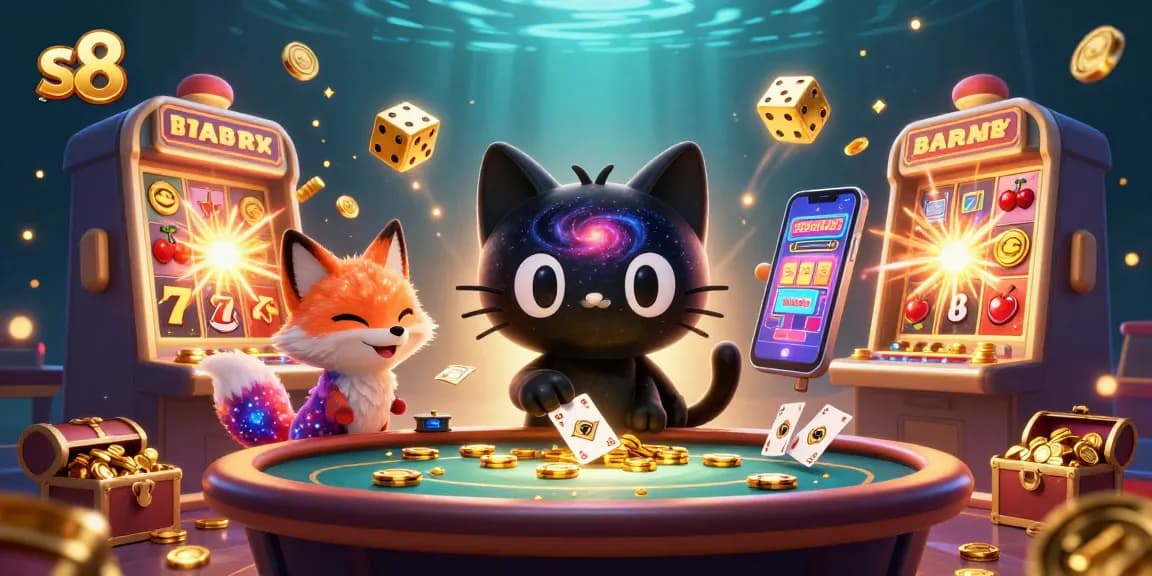 Experience exciting gameplay at s8 with a 3D cosmic casino scene filled with vibrant games and elements.