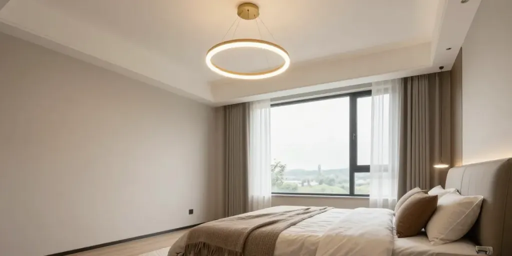 Lustra dormitor modernă și elegantă, oferind lumina ideală pentru un decor plăcut.