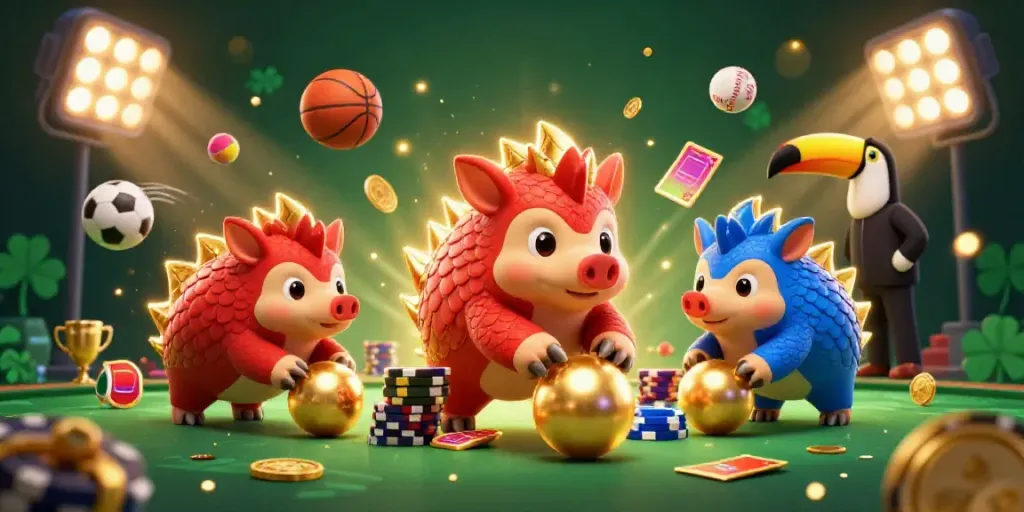 Engage with mu88mkt as rival pangolins compete in a vibrant 3D casino scene filled with golden elements.