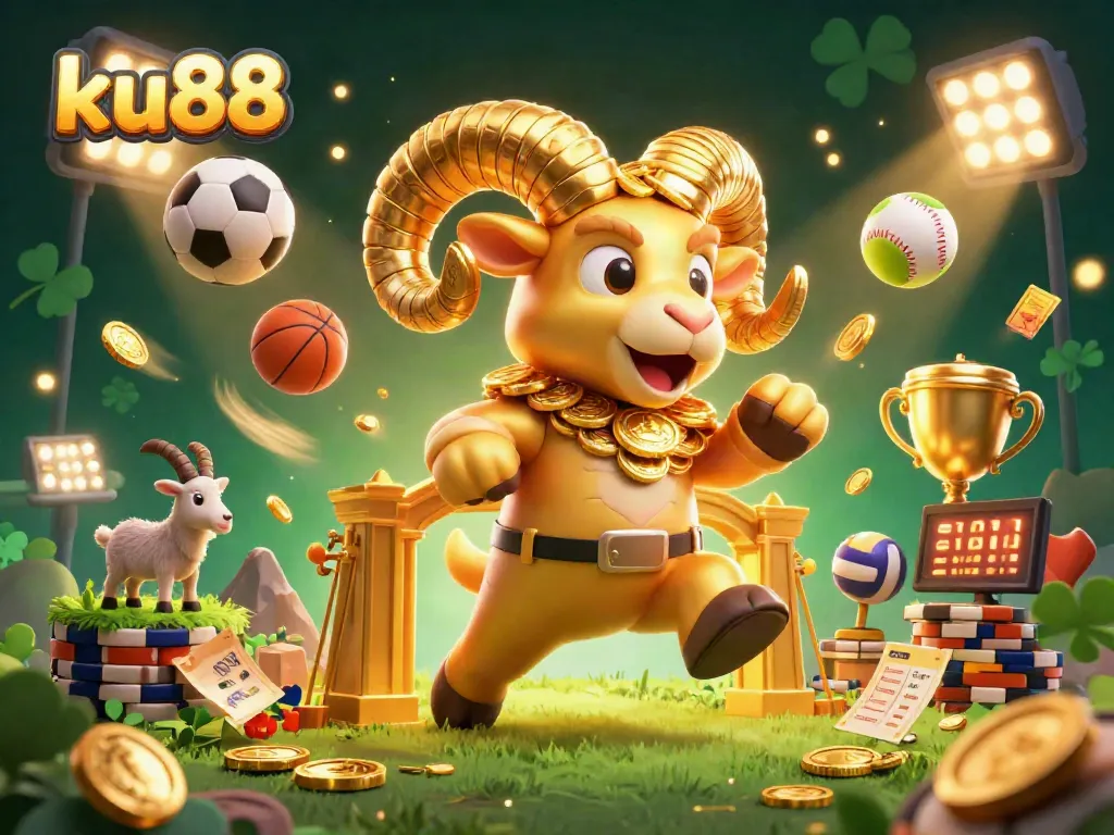 ku88 showcases an exciting betting environment with golden ram, vibrant sports elements, and shimmering coins.