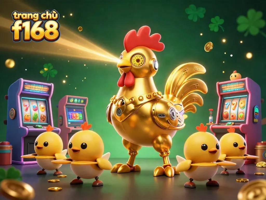Experience the excitement of trang chủ f168 with a golden rooster robot and arcade games.