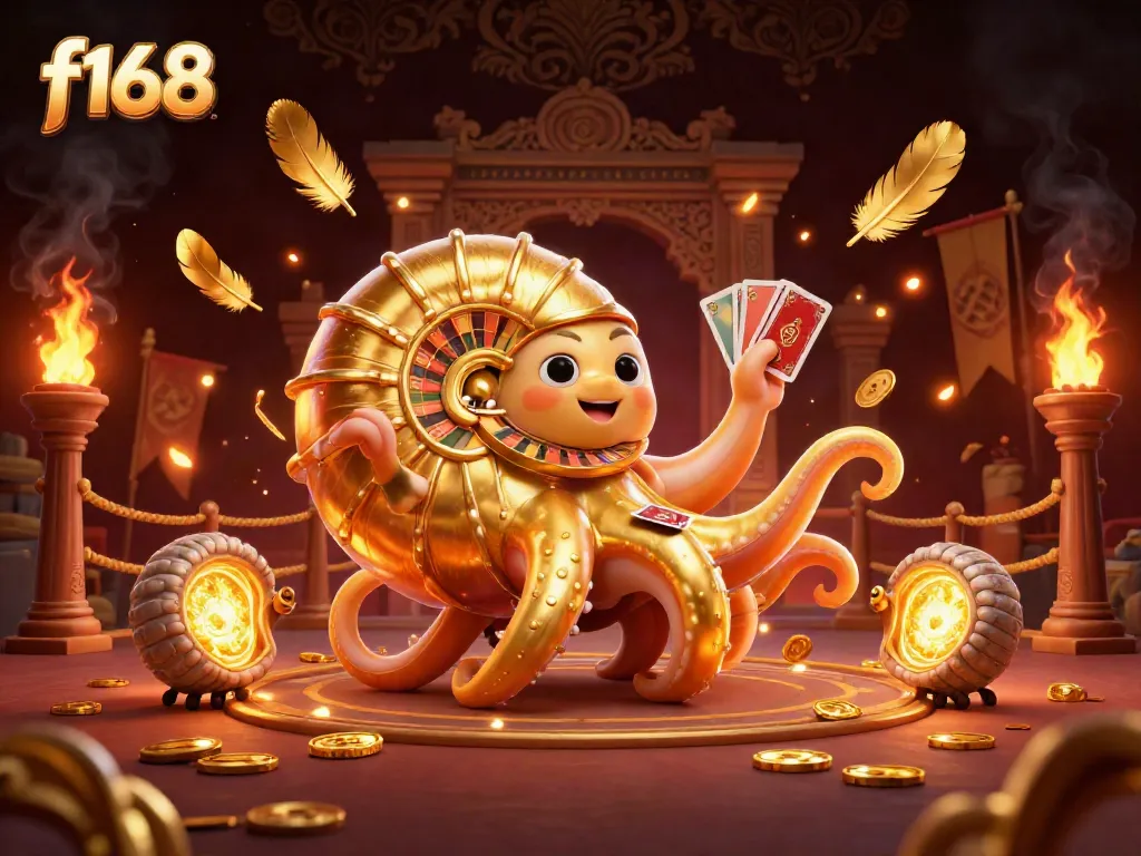 Spin the roulette wheel with f168 in this vibrant 3D casino scene filled with cards and gold.