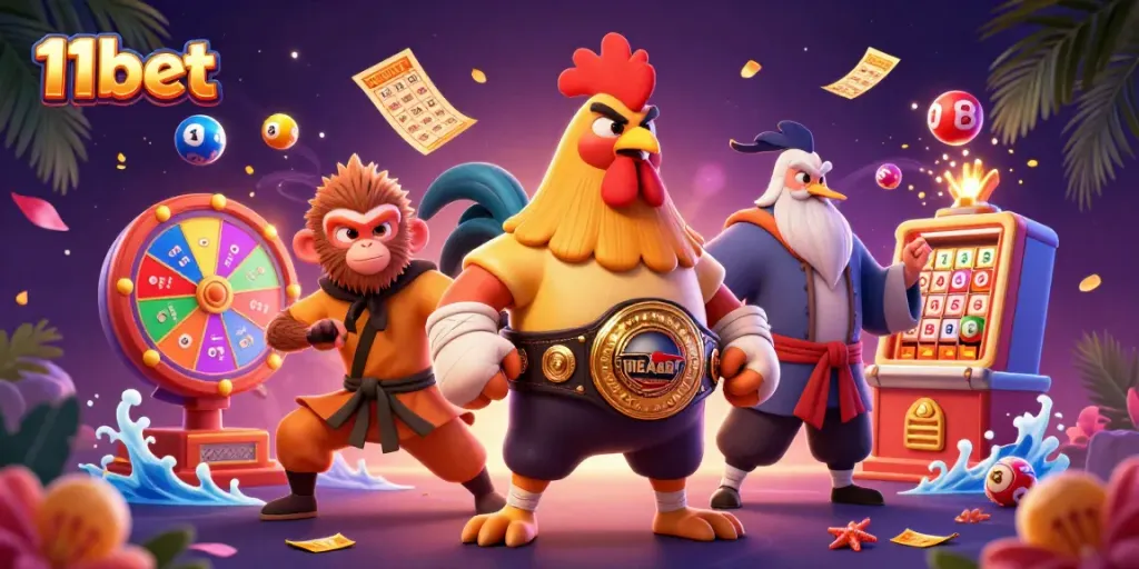 Engage with 11bet's thrilling gaming experience featuring dynamic lottery balls and vibrant characters.