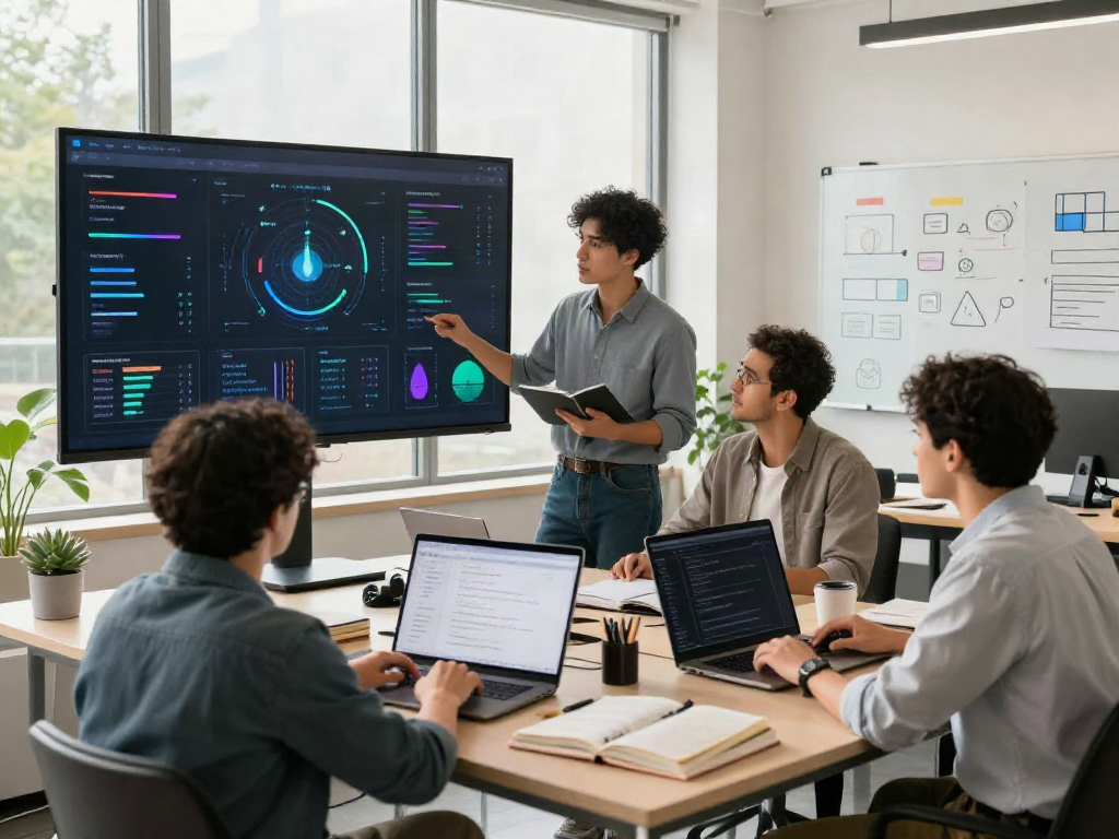 Dynamic team collaboration in a modern tech workspace powered by crushonai, featuring data visualization and innovative software development.