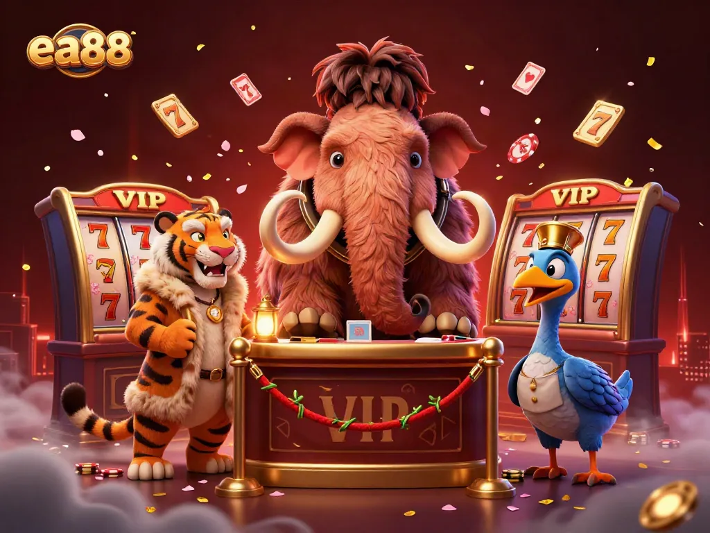 Experience fun casino action with the vibrant ea88 scene featuring a woolly mammoth bouncer and saber-tooth tiger.