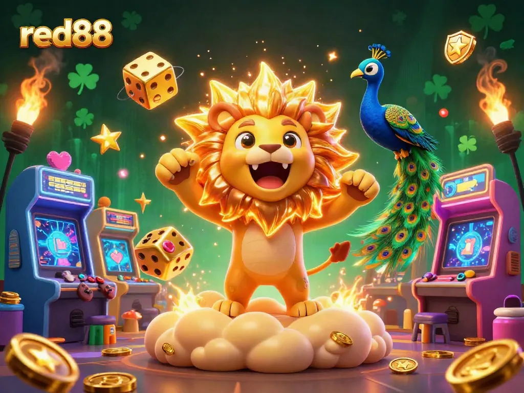 Join the excitement at red88, where a roaring sun lion and golden dice enhance the gaming experience.