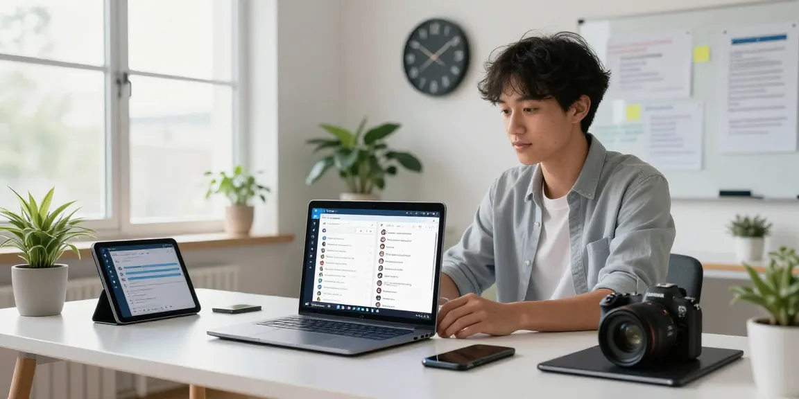 Using Telegram Web Version on a laptop in a bright office workspace, showcasing modern tech.