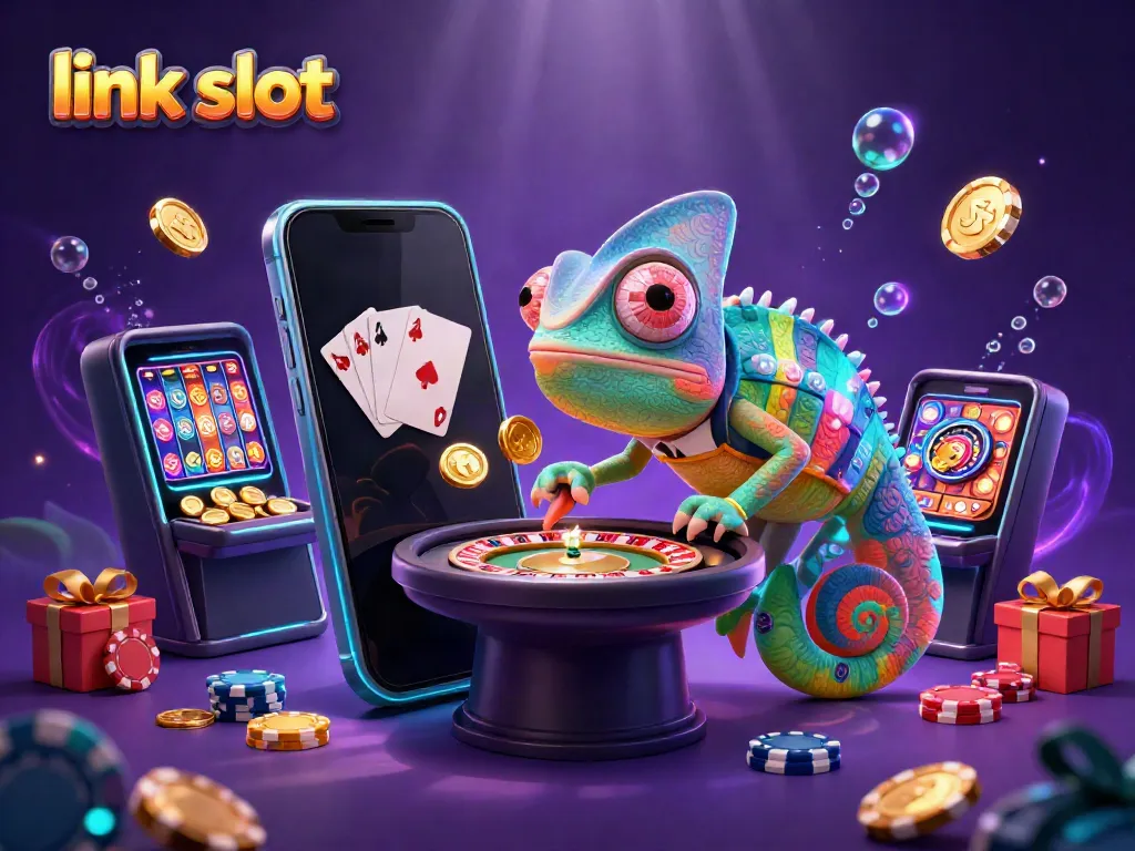 Experience link slot excitement with a colorful casino-themed illustration featuring a vibrant chameleon and dynamic game elements.