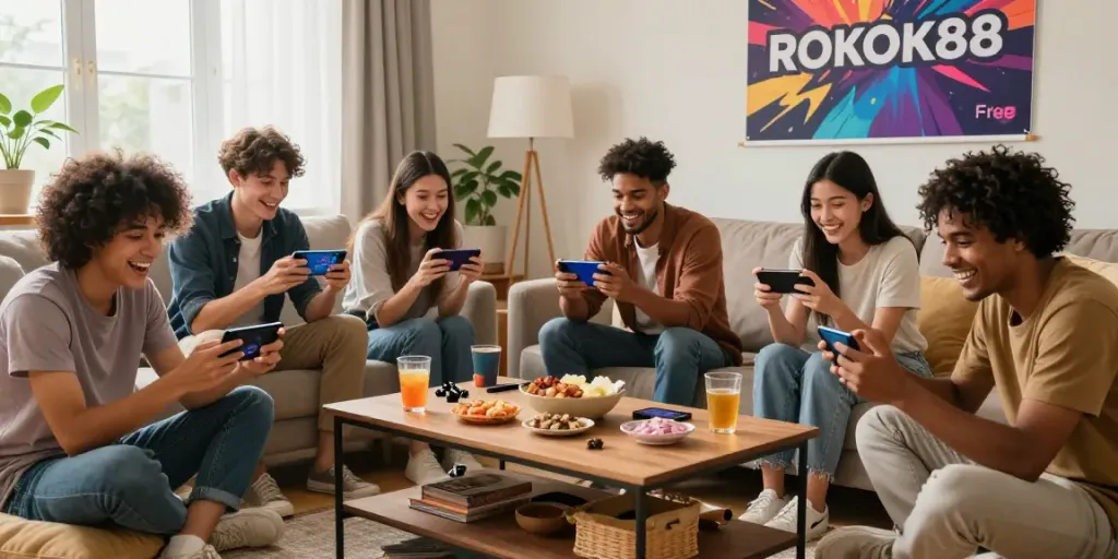 Friends enjoying rokok88 alternatif game in a cozy living room setting.