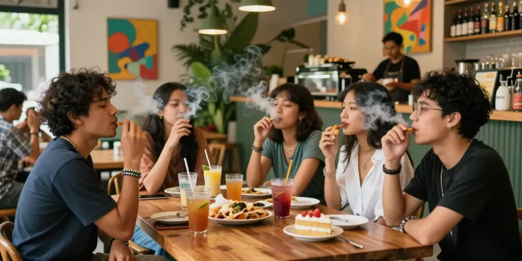 Gathering of friends enjoying rokok88 at a trendy café, showcasing joyful social experience.