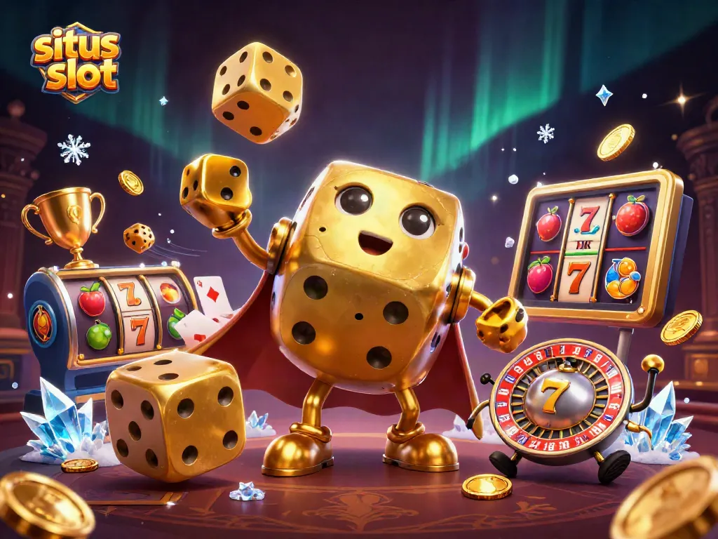 Experience the thrill of situs slot with a golden dice golem and vibrant slot reels in action.