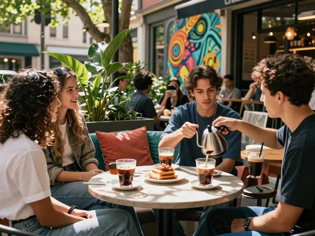 Friends enjoying rokok88 lifestyle at trendy café with coffee and conversation