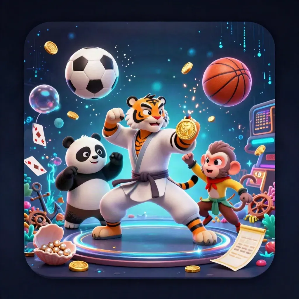 Tiger, panda and monkey in a neon treasure cove with balls, coins, coral and glowing effects.