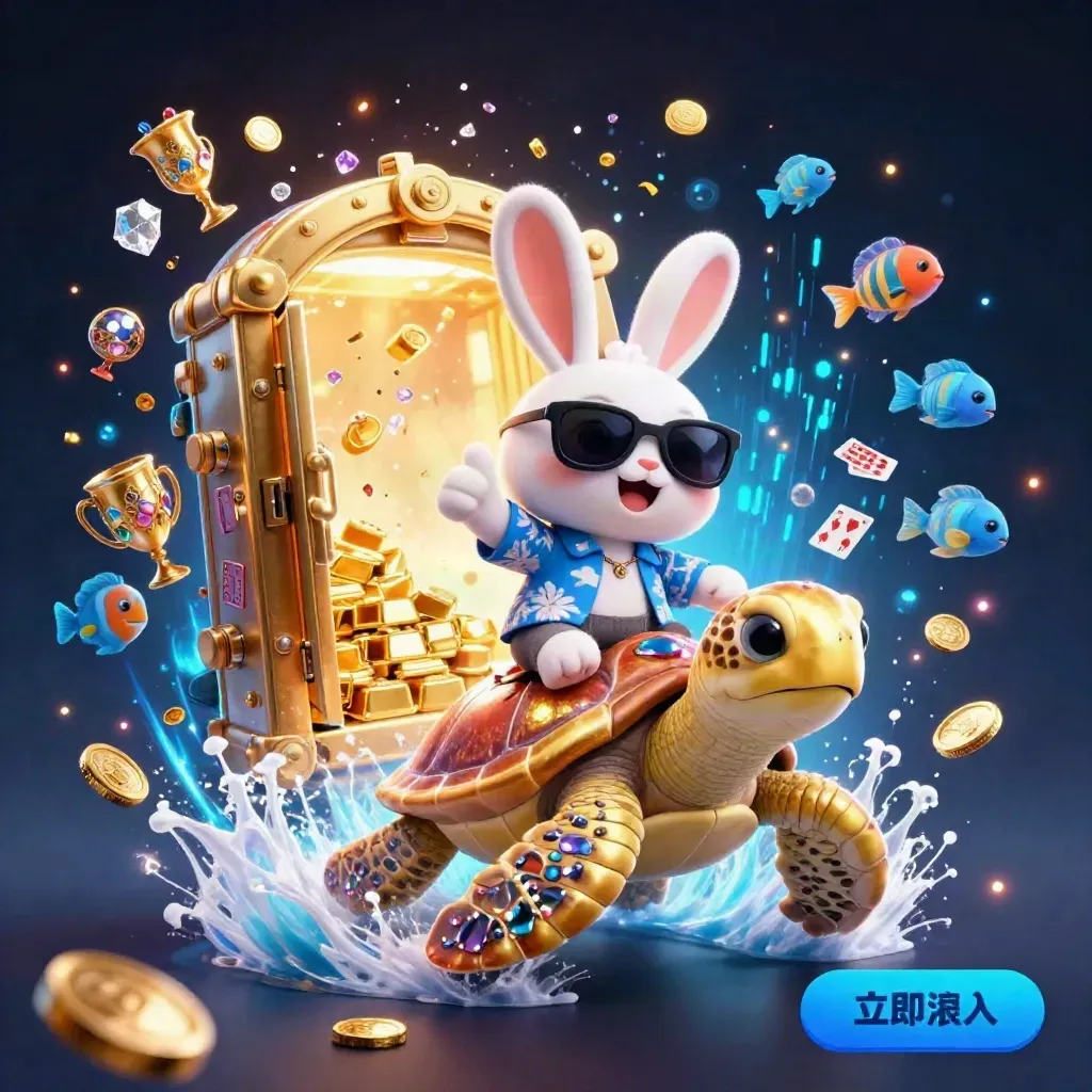 Lucky rabbit and sea turtle burst from a treasure vault with neon casino glow