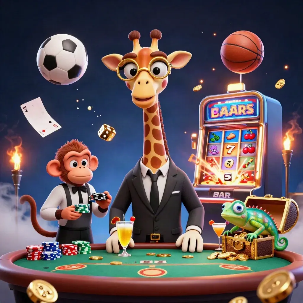 Cartoon casino heroes and sports balls erupting with gold, embers, and slot-machine energy.