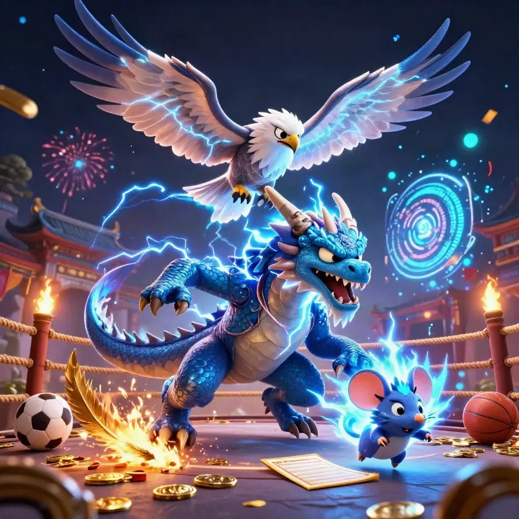 Thunder dragon, wind hawk and static mouse bursting through a navy casino-fantasy scene.