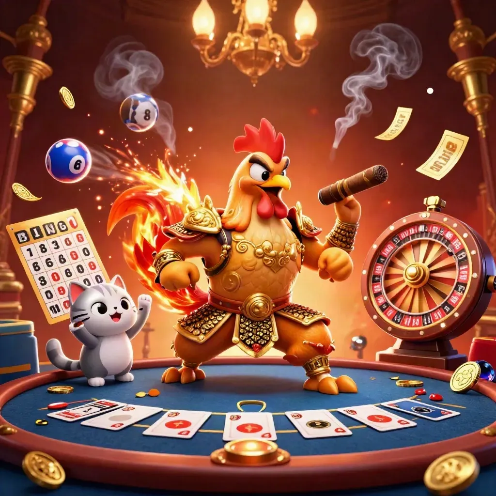 Rooster warrior, dragon hatchling, and fortune cat amid casino sparks, coins, and spinning props.