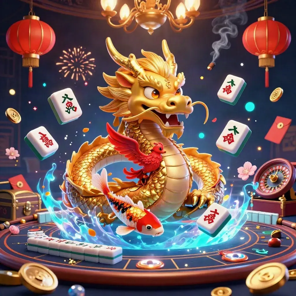 Golden dragon with phoenix and koi in a navy casino room, with lanterns, coins, and fireworks.