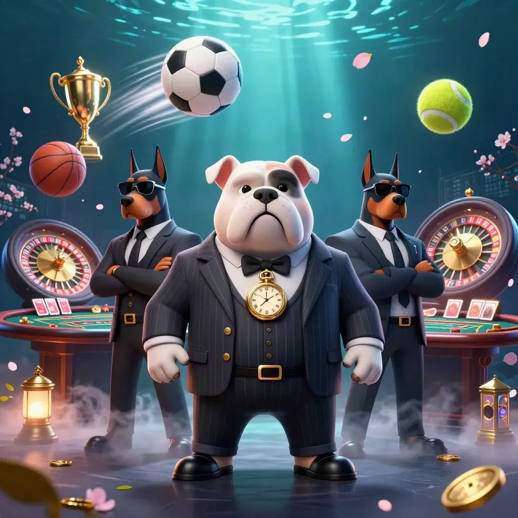 Bulldog boss and Dobermans in a luxe casino with flying sports balls, trophy, coins, and teal-gold glow.