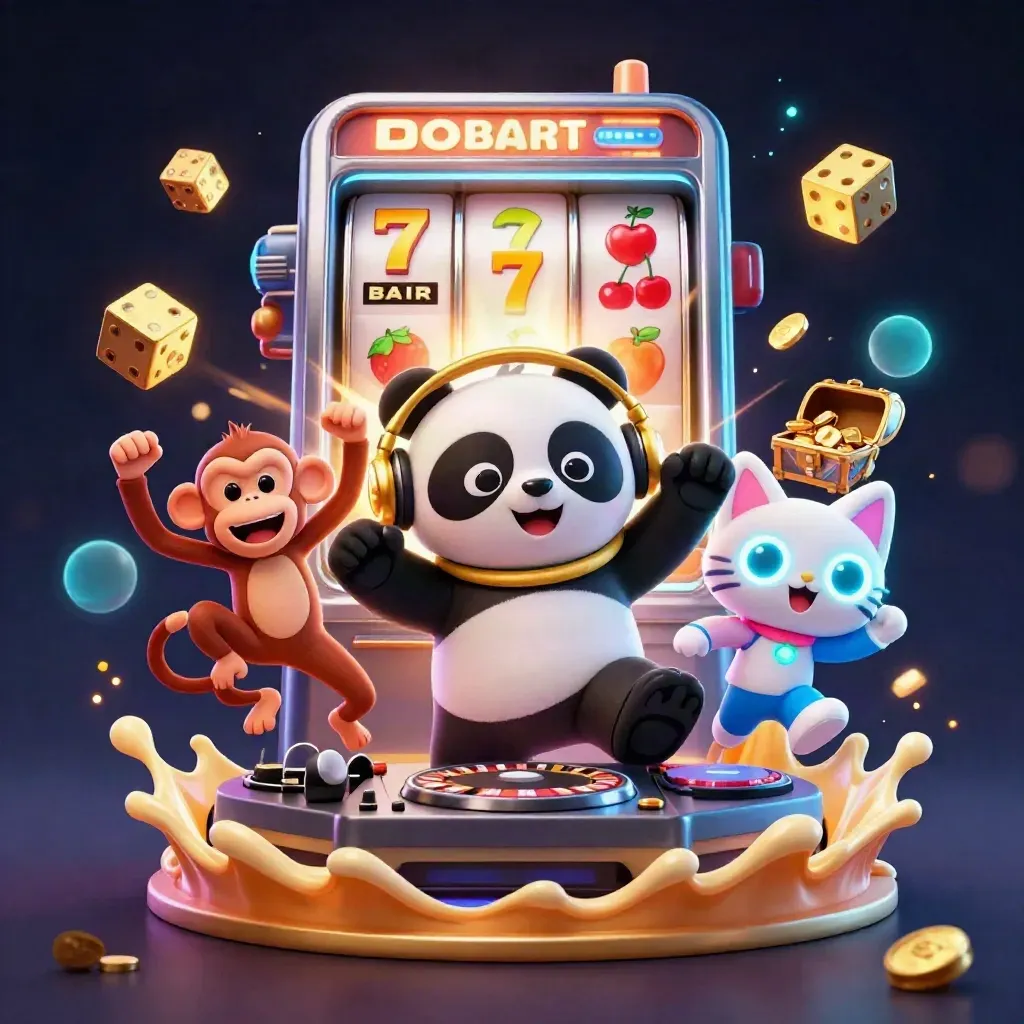 DJ panda, dancing monkey, and glow-stick kitten explode through a neon slot-machine treasure burst.