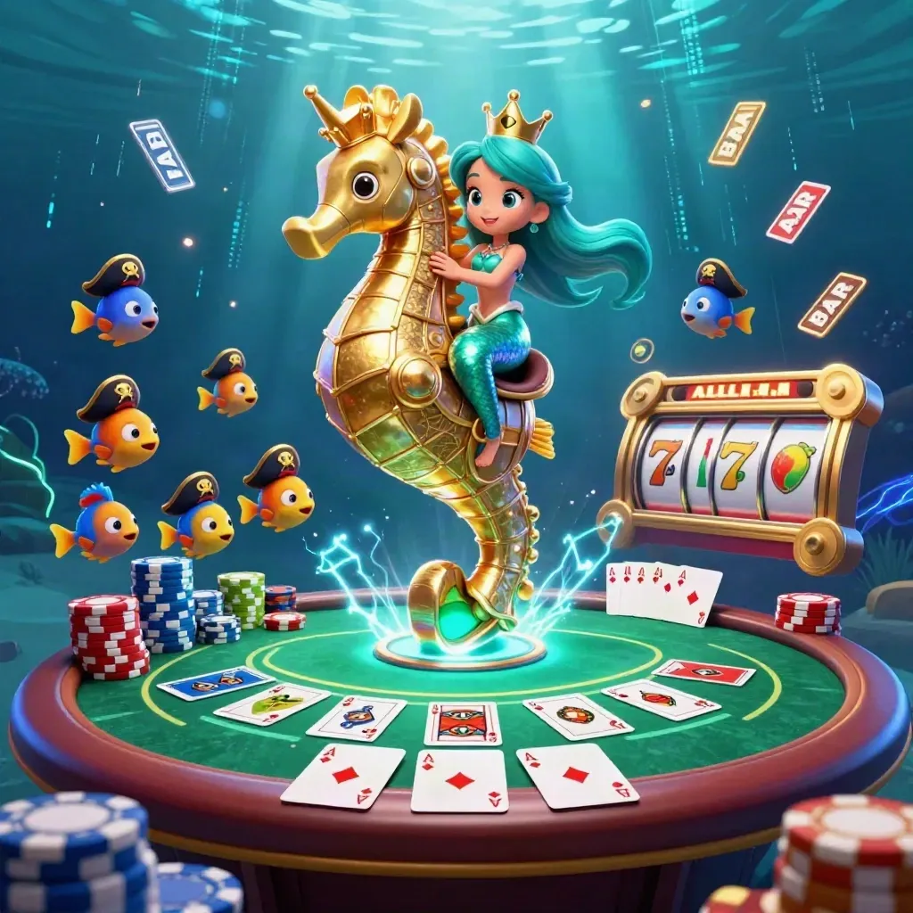 Turquoise-haired mermaid princess rides an armored seahorse amid cards, chips, fish and cyan underwater glow
