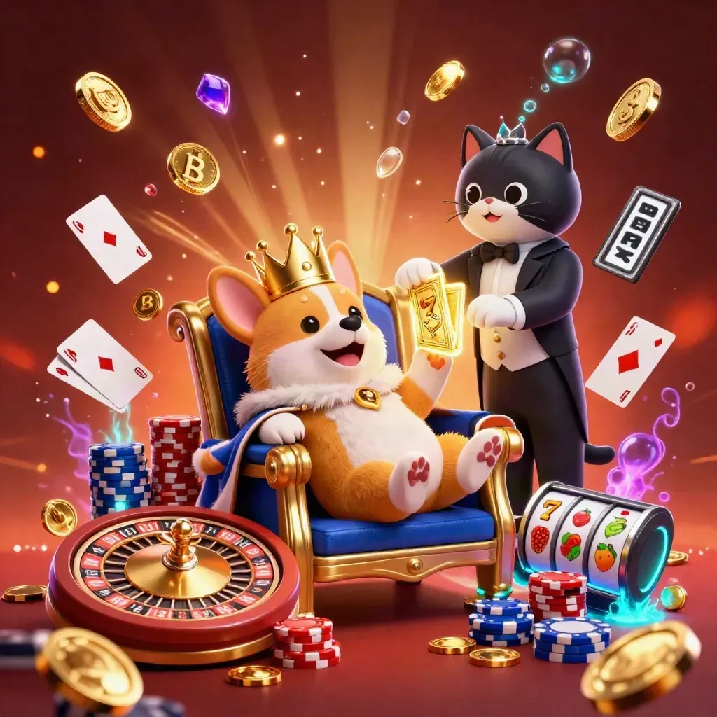 Royal corgi and cat butler amid coins, gems, roulette wheel, chips and neon casino glow