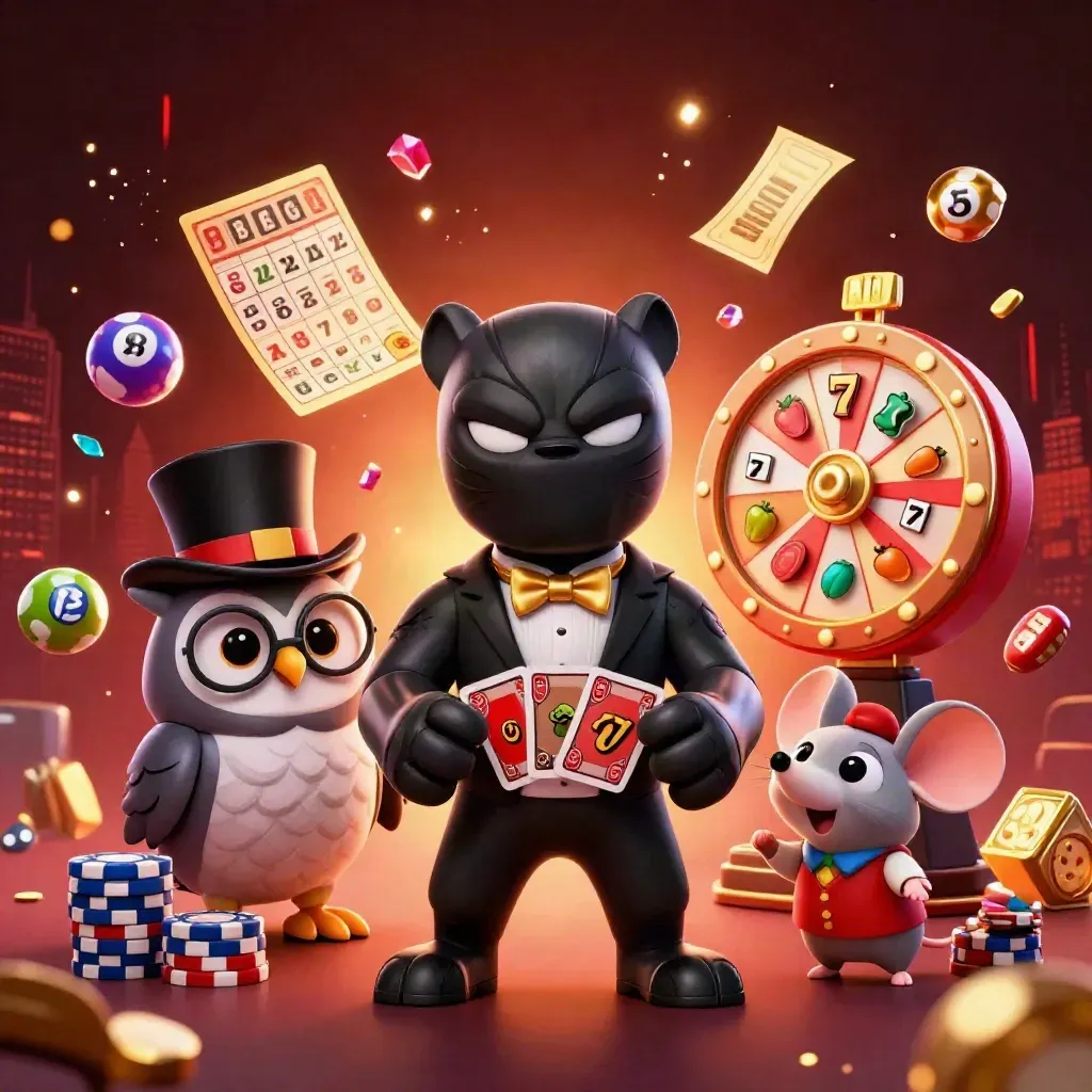 Panther, owl, and mouse amid chips, lottery balls, reels, and glowing treasure.