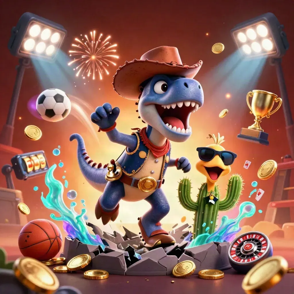 Cowboy T-Rex, cactus, and roadrunner burst from a vault amid coins, fireworks, and casino props.
