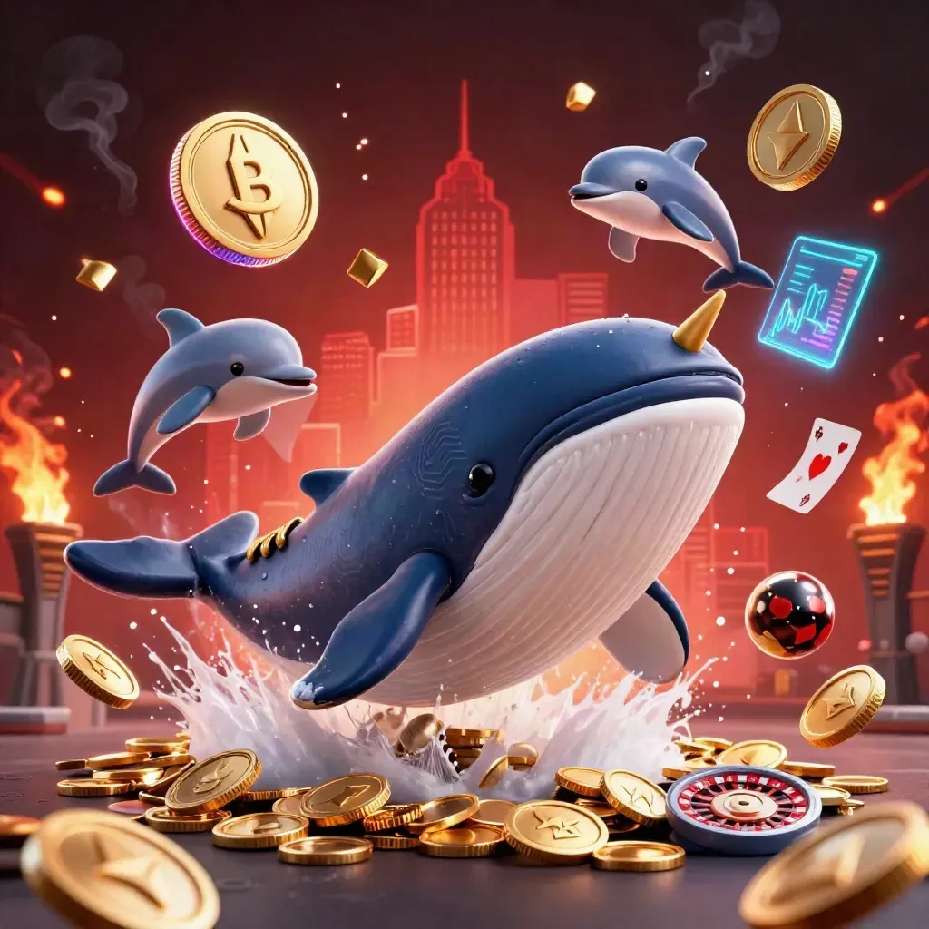 Whale captain, narwhal, and dolphins amid exploding coins, crypto symbols, and fiery casino lights.