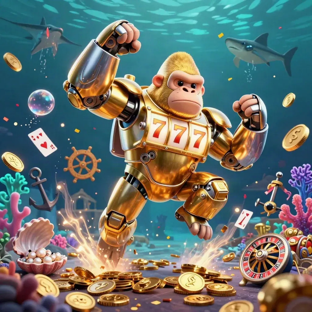 Golden gorilla slot-machine mech with monkey pilot in a treasure-filled underwater vault burst.