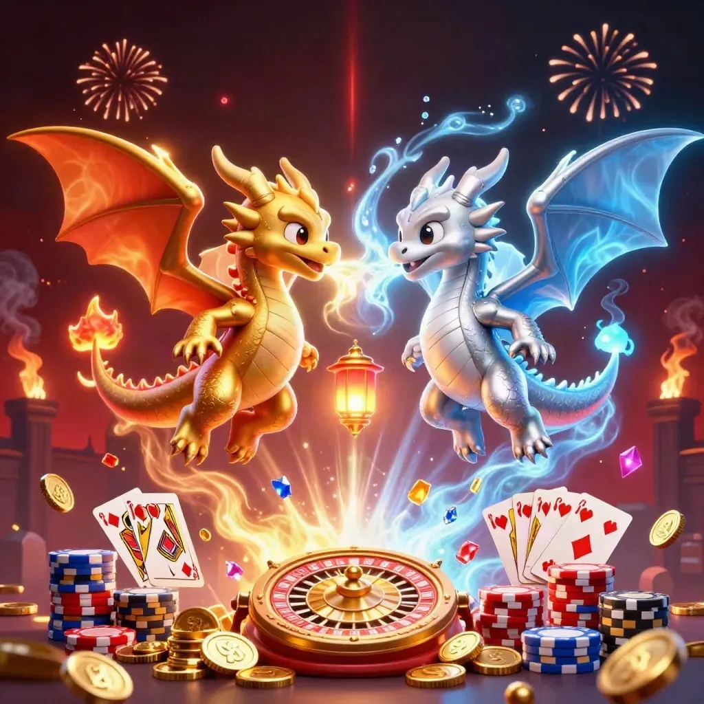 Twin dragons swirl with coins, gems, cards and a roulette wheel in a dark casino burst.
