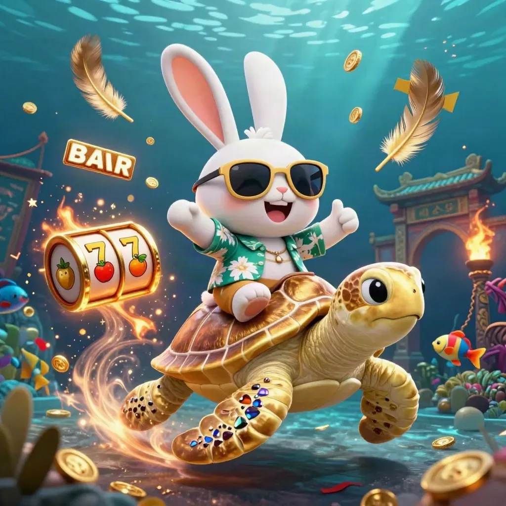 Lucky rabbit rides a golden sea turtle amid casino relics, coins, reels, confetti and underwater light