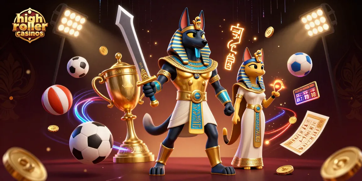 Experience high roller casinos with an Egyptian warrior and glowing symbols in a vibrant game scene.