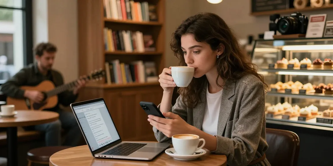 Young woman contemplating her crush on a romantic interest in a cozy coffee shop.