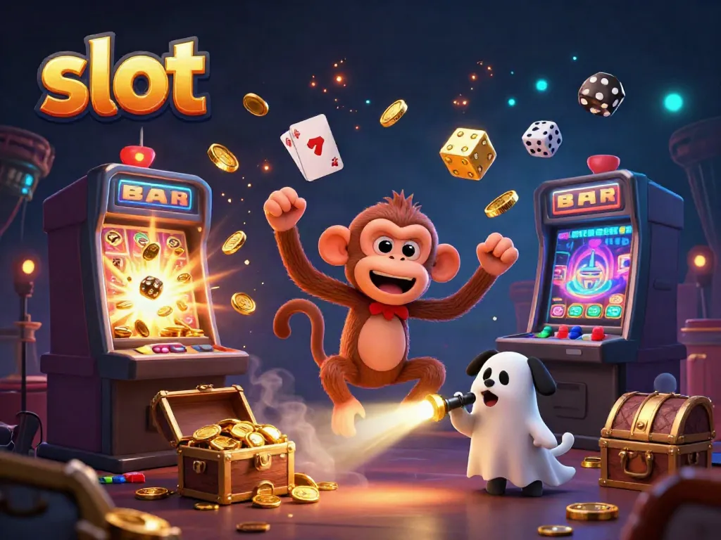 Experience thrilling slot action in a haunted casino with a playful poltergeist monkey juggling golden items and a curious puppy tracking it.