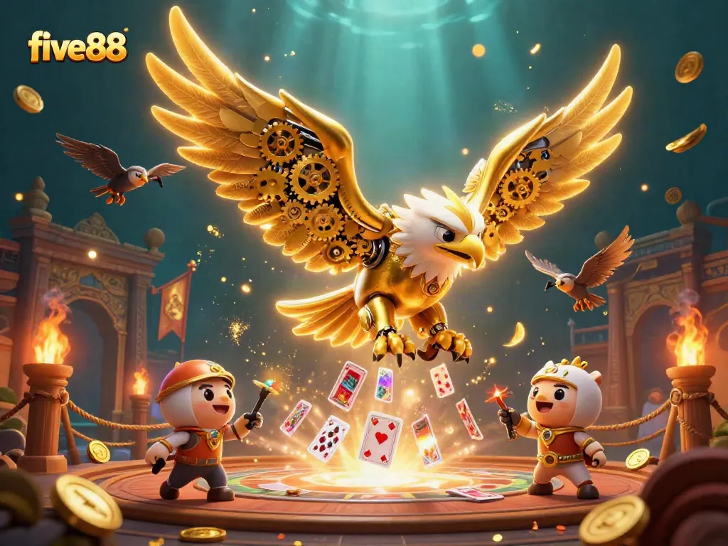 Win big at five88 with a vibrant 3D illustration featuring cybernetic characters gambling amidst gold coins and holographic cards.