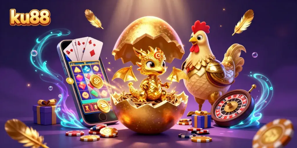 Experience thrilling gameplay at ku88, featuring a golden dragon and vibrant casino elements.