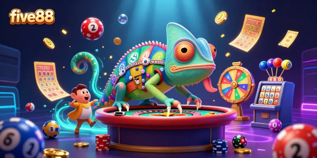 Experience the excitement of five88 with a vibrant chameleon casino owner amidst dynamic lottery elements.