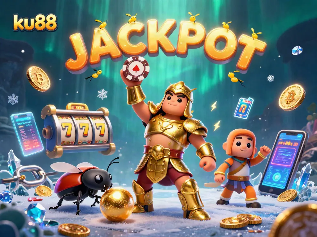 Join the excitement at ku88 with a 3D hercules beetle celebrating a jackpot in an engaging casino scene.