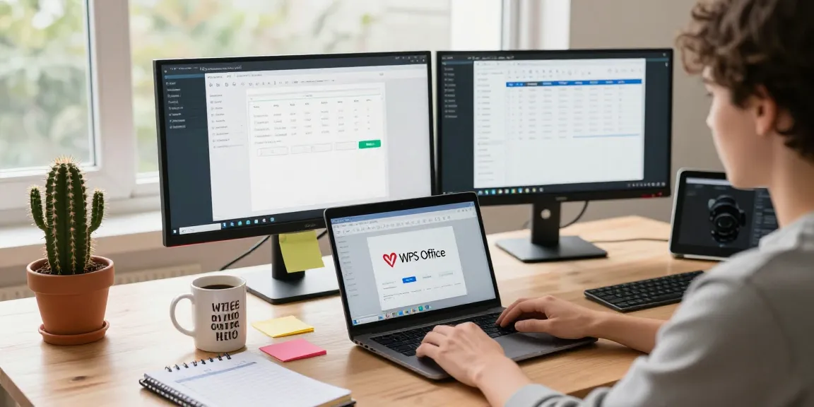Download WPS Office on a modern laptop in a stylish home office with productivity tools.