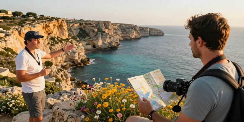 Enjoying Gozo tours with a guide at a beautiful coastal viewpoint, stunning cliffs and sea.