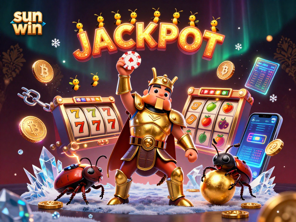Win big with sun win in an exciting 3D casino scene showcasing vibrant jackpots and animations.