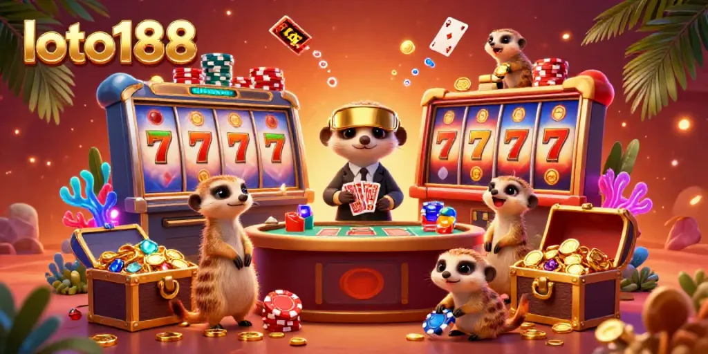 Experience the excitement of loto188 with meerkats managing a vibrant casino scene, showcasing rich gameplay elements.